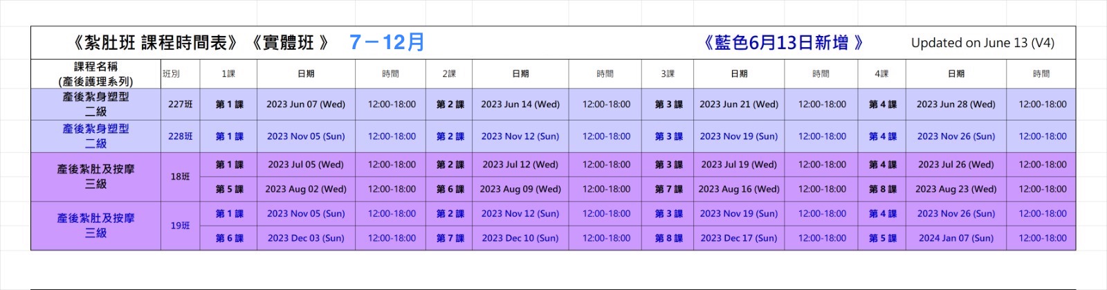 紮肚課程7至12月時間表